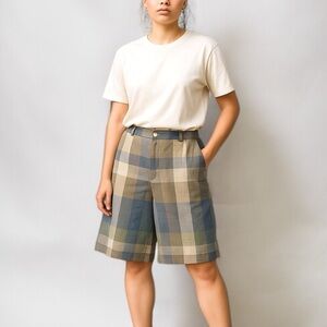 Vintage Conrad C. Tailored Plaid Bermuda Shorts In Blue / Tan / Cream | Size 10